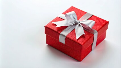 Obraz premium Red gift box with shiny bow on white background, red, gift box, present, surprise, celebration, holiday, birthday