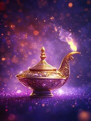 Golden magic lamp on bright and purple background with generative ai