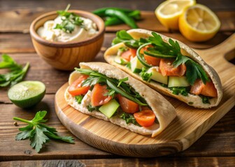 Freshly baked pita pockets filled with smoked salmon, creamy hummus, crunchy cucumber, and peppery arugula, served on a rustic wooden platter with a side of lemon wedges.