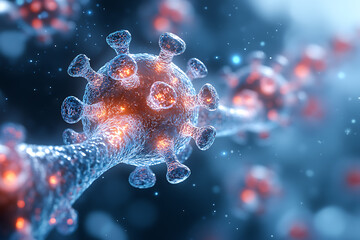 Obraz premium Detailed 3D rendering of a virus molecule with prominent red spike proteins, emphasizing its structure against a dark, blurry background. 