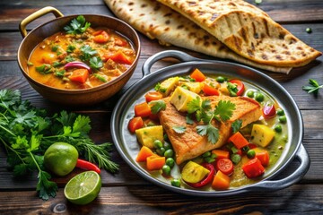 Delicious and vibrant Indian-inspired dinner scene featuring succulent salmon and colorful vegetable curry served with crispy naan bread and garnished with fresh cilantro.