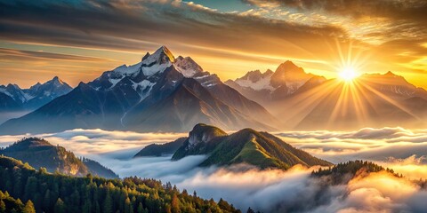 Mountain peaks bathed in the soft rays of the rising sun, creating a serene and majestic landscape, mountain, peaks