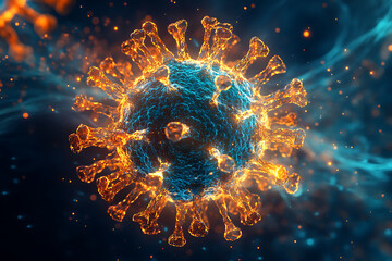 Detailed 3D rendering of a virus molecule with prominent red spike proteins, emphasizing its structure against a dark, blurry background.
