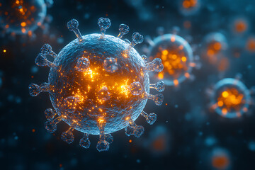 Vivid 3D rendering of virus molecules with pink and blue hues, highlighting detailed spikes and cellular structure in a vibrant setting.
