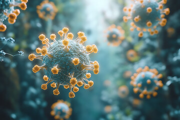 Fototapeta premium Vivid 3D rendering of virus molecules with pink and blue hues, highlighting detailed spikes and cellular structure in a vibrant setting. 