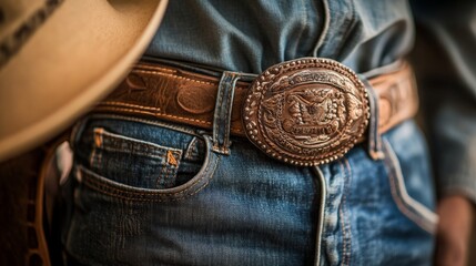 A cowboy wearing jeans and a western shirt stands proudly, showcasing a large ornate belt buckle while holding a hat.