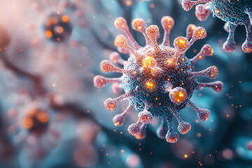 Vivid 3D rendering of virus molecules with pink and blue hues, highlighting detailed spikes and cellular structure in a vibrant setting.
