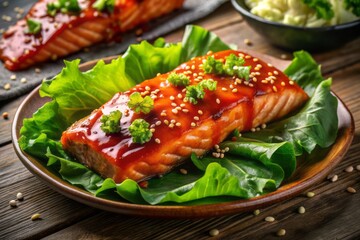 Freshly grilled Korean-style BBQ salmon fillet wrapped in crisp lettuce leaves with sesame seeds, sliced green onions, and drizzled with spicy Gochujang sauce.