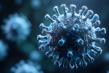 Detailed 3D rendering of a virus molecule showcasing its spiked protein structure, highlighting biological details against a blurred background.
