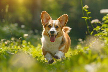 A joyful Corgi running through a lush green meadow with sunlight filtering through, capturing the essence of happiness and playful energy in a natural outdoor setting