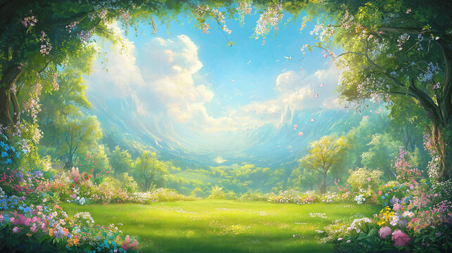 A captivating and serene artwork of a vast green meadow. In the background, the enchanting Vrindavan forest unfolds, adorned with cascading flowery vines and an explosion of vibrant flowers in full bl