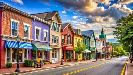Fototapeta premium Busy street in a small town with colorful buildings and shops , town, street, busy, small, colorful, buildings, shops, urban