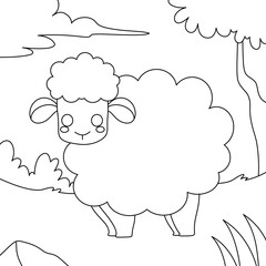 Sheep coloring page for kids and children. Black outline on white background
