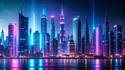 Futuristic cityscape with neon lights and skyscrapers, future, city, technology, urban, skyline, architecture, modern, buildings