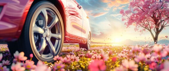 Vibrant red car parked in front of blooming pink flowers tree with a scenic background landscape