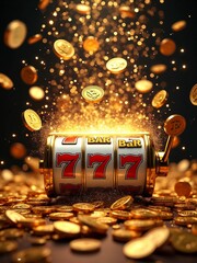 Slot Machine with 777 Jackpot Spilling Gold Coins and Bitcoin