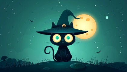 Black Cat in Witch Hat Under the Moon