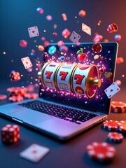 Online Casino Gaming with Slot Machine and Chips Exploding from Laptop