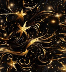 Glittering stars with golden shimmering swirls, shiny glitter design. Magical motion, sparkling lines on a black background.