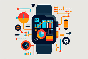 Smartwatch with infographic display showing connectivity, health data, and app integration. Concept of wearable technology, fitness tracking, and the internet of things.