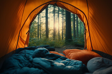 Morning view from inside a tent with sleeping bags in a forest. Outdoor camping adventure.