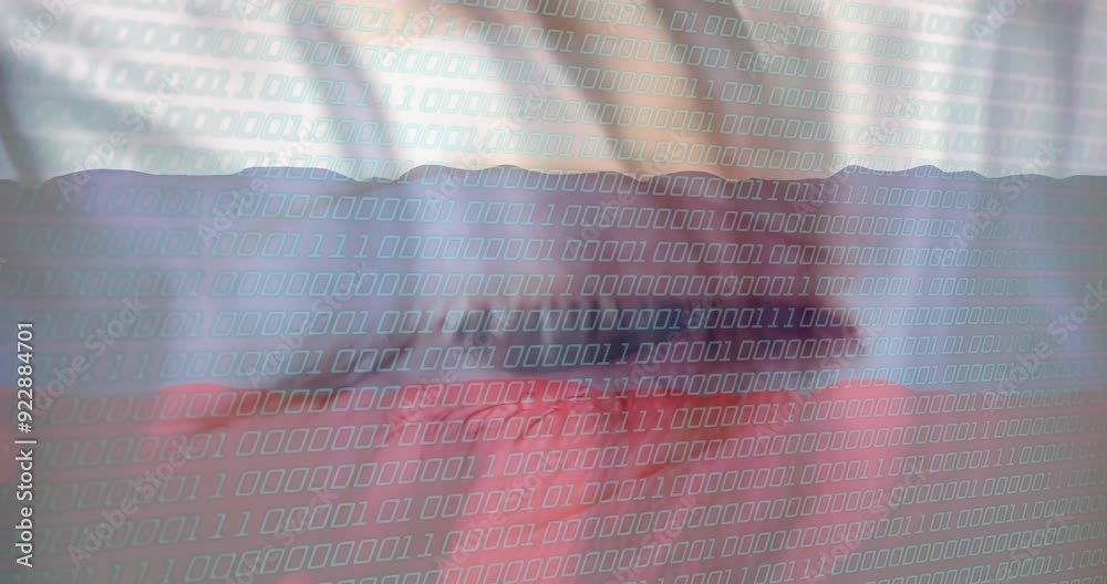 Poster close-up of human eye with binary code animation in foreground