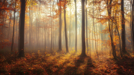 A serene autumn forest shrouded in morning fog with colorful leaves and sunlight filtering through the trees.