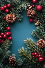 Christmas wreath with pine cones and red berries on a blue background, Christmas background, Copy space