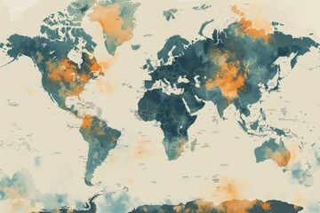 World Map Watercolor Painting in Teal and Orange Hues