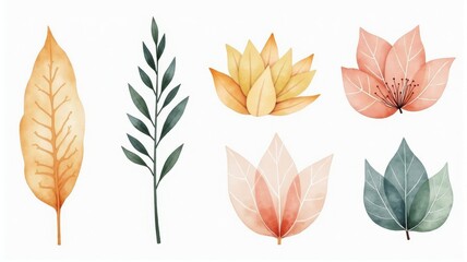 Fototapeta premium Watercolor Illustrations of Various Leaves and Flowers in Pastel Shades Perfect for Nature-Themed Designs and Decorations