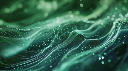 Emerald Data Streams: A mesmerizing 3D render of flowing, abstract waves bathed in emerald green light, ideal for technology, data visualization, or futuristic concepts.