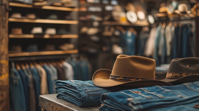 A cozy Western-themed store features neatly folded denim jeans and a selection of cowboy hats on display, with rustic decor in the background.