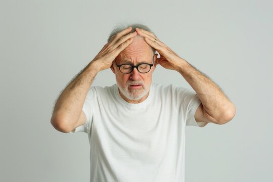 An older man with a white beard and gray hair looks down in thought, his expression concerned.