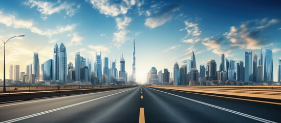 Empty highway road with city skyline background. Ultra realistic photography.
