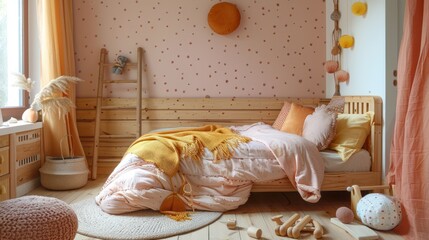 Photo of a children's room with wooden ladder on the wall. All in pastel and soft color, orange elements.