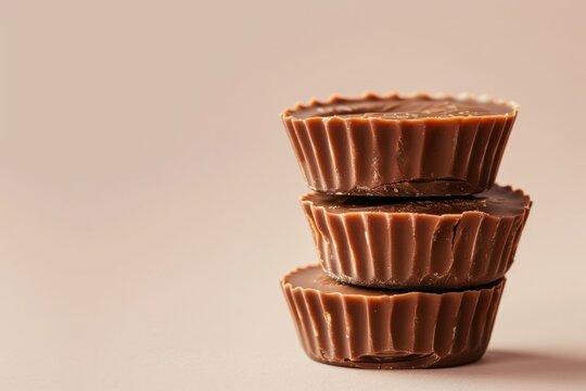 Three peanut butter cups stacked on top of each other, set against a light background with ample copy space.Peanut butter cups.Peanut butter.Dark chocolate.Traditional American candy