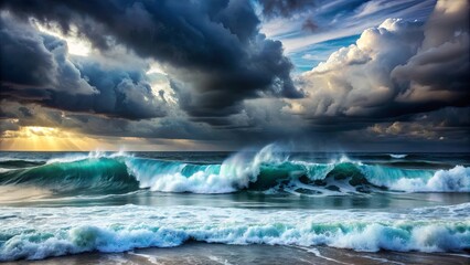 Fototapeta premium Stormy ocean with crashing waves and dark clouds overhead, ocean, stormy, waves, turbulent, dramatic, dark clouds, weather