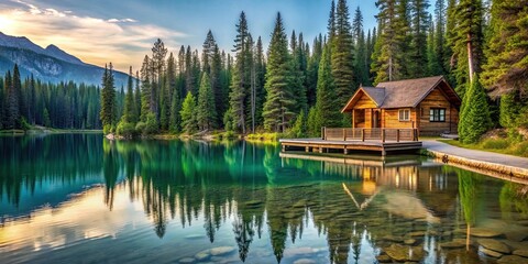 Fototapeta premium Tranquil lakeside cabin with wooden deck, surrounded by pine trees and clear lake, cabin, lakeside, wooden deck, pine trees