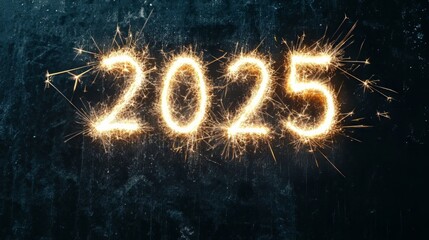 2025 Happy New Year sparkling sparklers bokeh lights party celebration holiday greeting card Blue Background banner 
