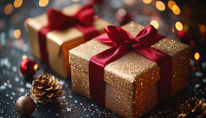 Shiny gift box decoration wrapped in gold paper generated by AI