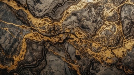 A close-up of a natural stone surface with intricate veins of gold and dark hues, showcasing its raw beauty and texture.