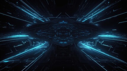 A glowing blue structure in a dark, futuristic space, resembling a spaceship or space station interior.