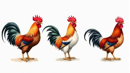 Fototapeta premium Colorful Rooster Illustrations - Three Majestic Roosters with Vibrant Feathers on a White Background