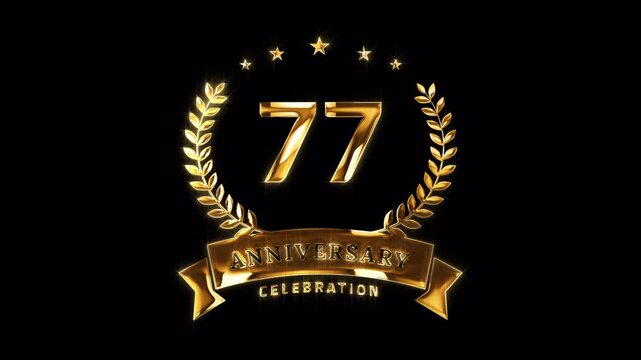 77th Anniversary Celebration. Happy 77 Years Anniversary Animation in Gold Color on the Transparent Background, Alpha Channel. Great for greetings, celebrations, events, and gifts.