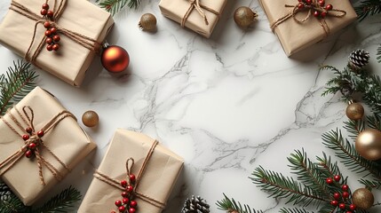 christmas or new year banner xmas greeting card christmas gifts,fir tree branches on white marble background flat lay top view copy space.