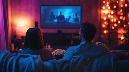 Obraz premium Cozy Date Night: Couple Streaming Classic Film in Living Room with Popcorn, Blankets, and Dimmed Lights for Intimate Experience