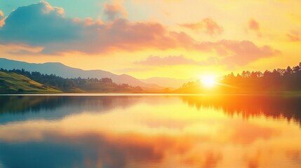 Fototapeta premium Golden Hour Serenity: A breathtaking panorama of a tranquil lake reflecting the vibrant hues of a magnificent sunset, creating a captivating scene of nature's artistry and serenity. 