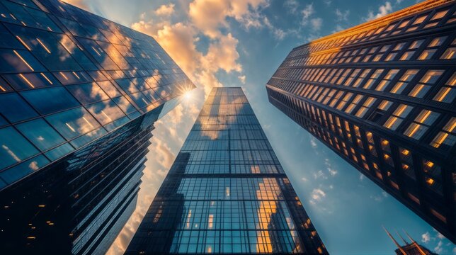 View of towering skyscrapers with reflective glass surfaces, set against a backdrop of a cloudy sky during a colorful sunset..