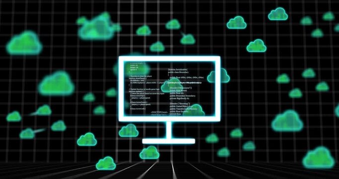 Computer screen with code surrounded by cloud icons, data processing animation