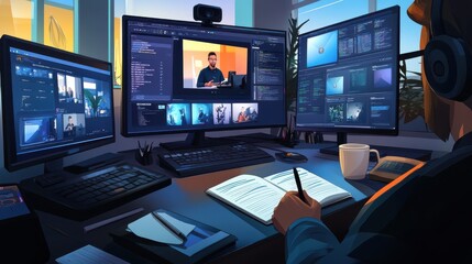 Naklejka premium Modern Home Office Setup for Streaming Tech Conference with Multi-Monitors